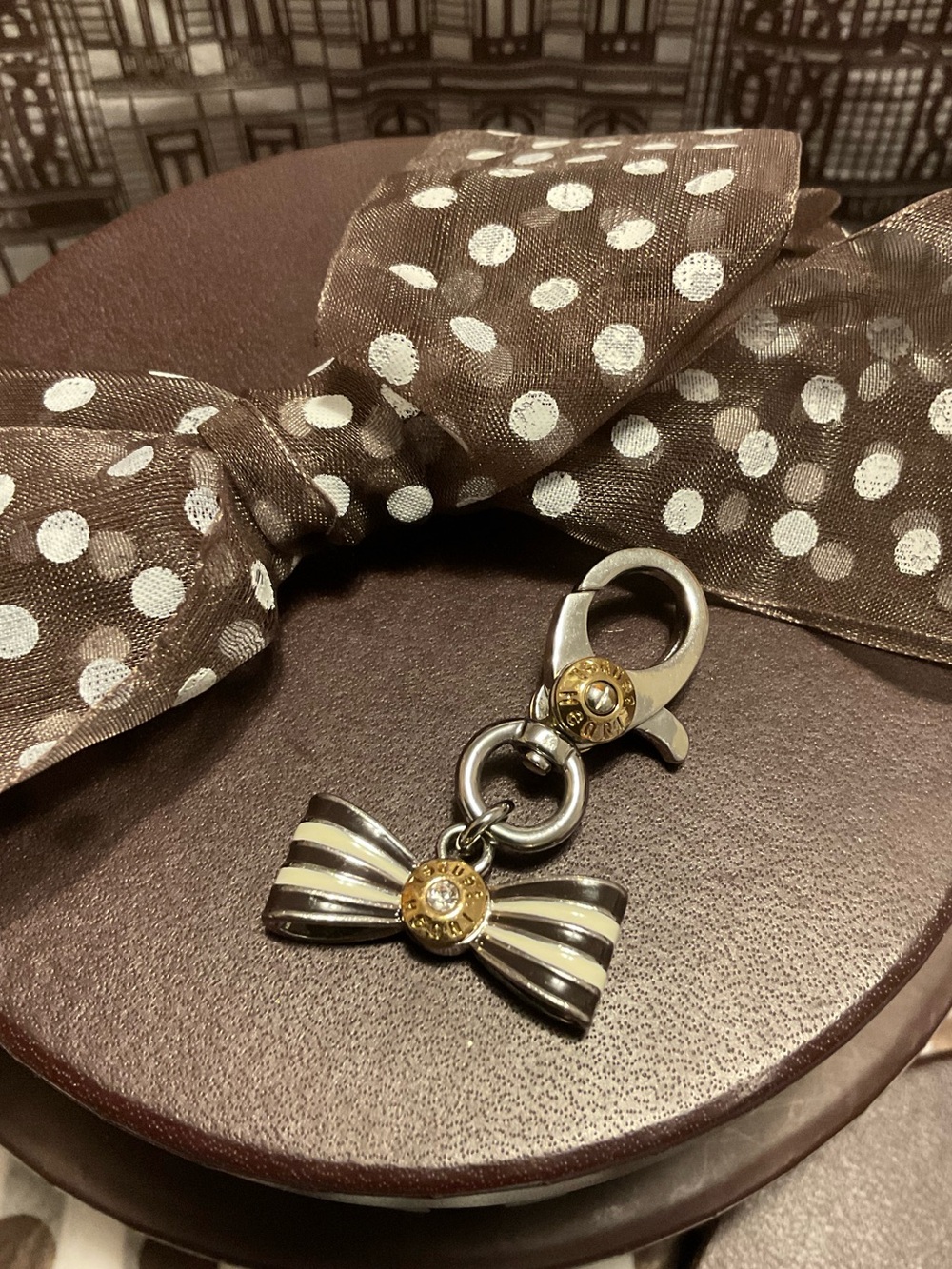 Henri Bendel Centennial Stripes Bow w Swarovski Crystal Rivet Center Charm